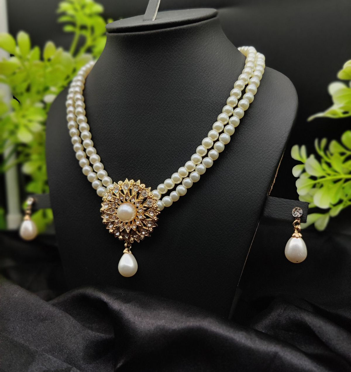 Imported Radiant Double-Layered Pearl Necklace | Golden Sunburst Pendant for Girls & Women