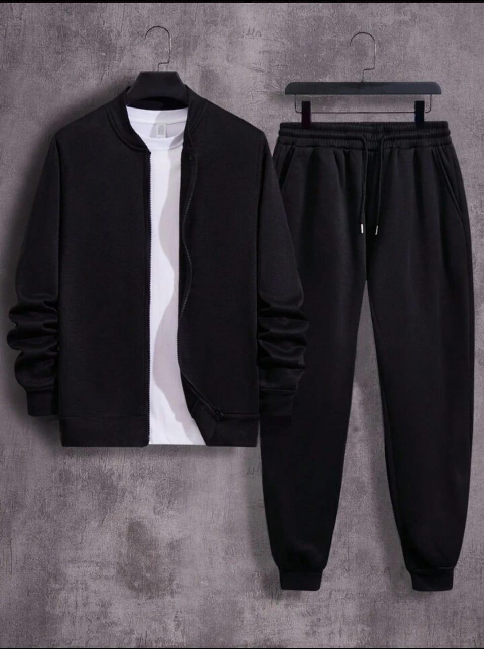 Men’s Fleece Plain Zipper Track Suit – 2 Pcs Premium Winter Set (Black)