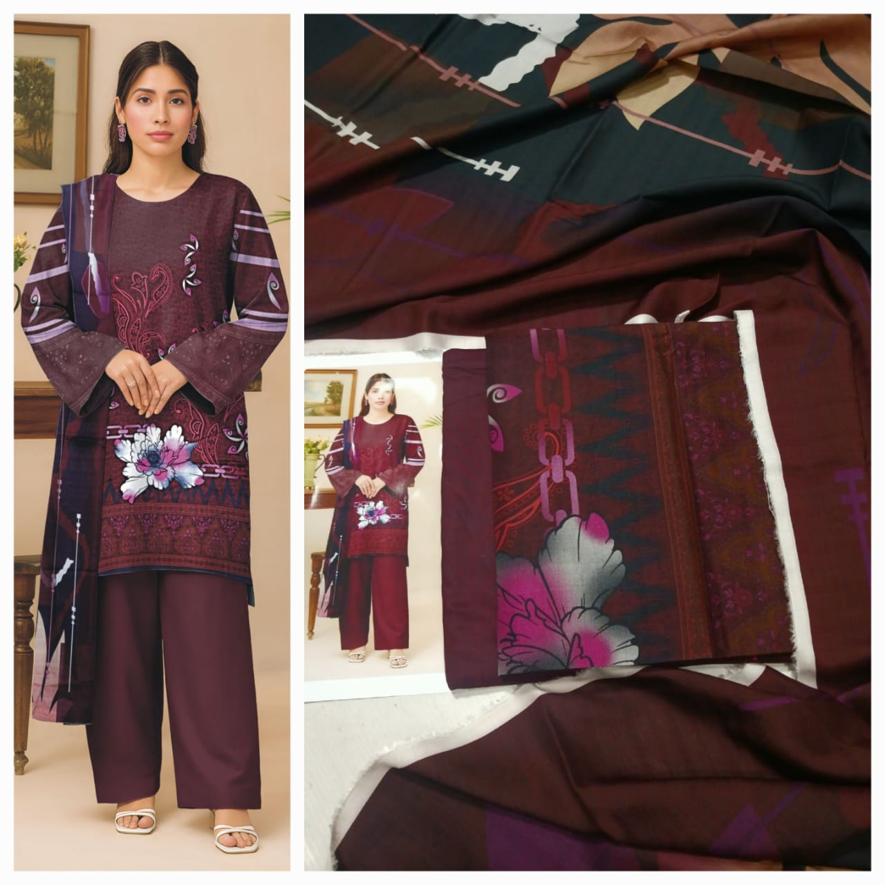 3PC Luxury Digital Bana Dora Staple Linen Suit With Linen Dupatta