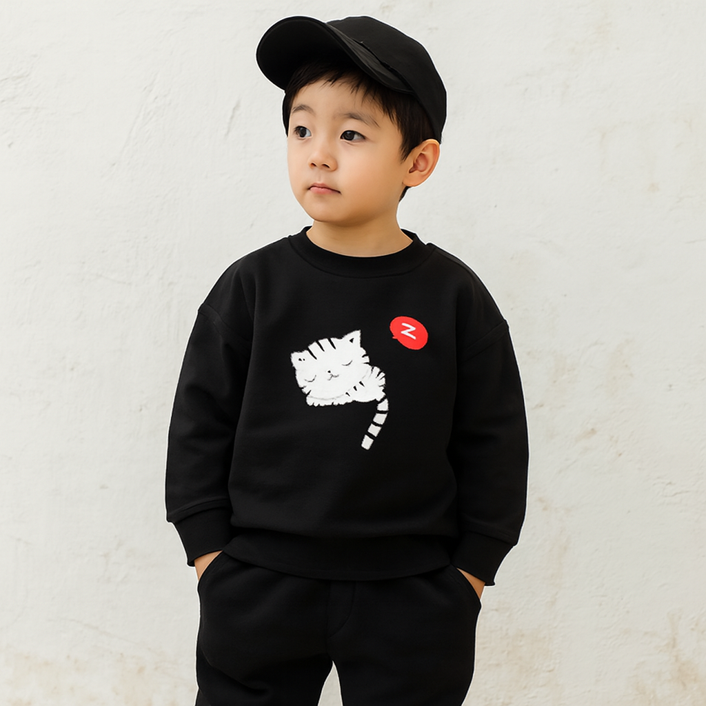 Black Cat Printed Kids Tracksuit | Winter Fleece Sweatshirt & Trouser Set for Boys & Girls – Warm, Cozy & Stylish Outfit extra large