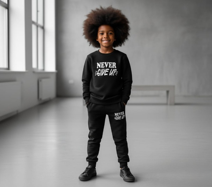Kids “Never Give Up” Printed Black & Black Tracksuit Set | Winter Fleece Sweatshirt & Trouser Outfit for Boys & Girls – Warm & Motivational extra large