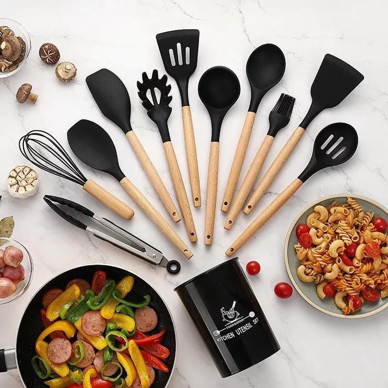 12 pcs set Wooden Handle Silicone Kitchen Utensils With Storage Bucket High Temperature Resistant And Non Stick Pot Spatula Spoon( random color ) - Buyora online12 pcs set Wooden Handle Silicone Kitchen Utensils With Storage Bucket High Temperature Resistant And Non Stick Pot Spatula Spoon( random color )Buyora onlineBuyora online12 pcs set Wooden Handle Silicone Kitchen Utensils With Storage Bucket High Temperature Resistant And Non Stick Pot Spatula Spoon( random color )