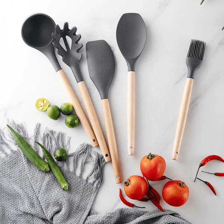12 pcs set Wooden Handle Silicone Kitchen Utensils With Storage Bucket High Temperature Resistant And Non Stick Pot Spatula Spoon( random color ) - Buyora online12 pcs set Wooden Handle Silicone Kitchen Utensils With Storage Bucket High Temperature Resistant And Non Stick Pot Spatula Spoon( random color )Buyora onlineBuyora online12 pcs set Wooden Handle Silicone Kitchen Utensils With Storage Bucket High Temperature Resistant And Non Stick Pot Spatula Spoon( random color )