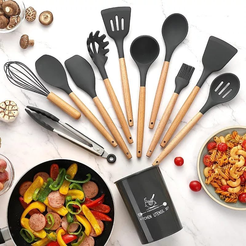 12 pcs set Wooden Handle Silicone Kitchen Utensils With Storage Bucket High Temperature Resistant And Non Stick Pot Spatula Spoon( random color ) - Buyora online12 pcs set Wooden Handle Silicone Kitchen Utensils With Storage Bucket High Temperature Resistant And Non Stick Pot Spatula Spoon( random color )Buyora onlineBuyora online12 pcs set Wooden Handle Silicone Kitchen Utensils With Storage Bucket High Temperature Resistant And Non Stick Pot Spatula Spoon( random color )
