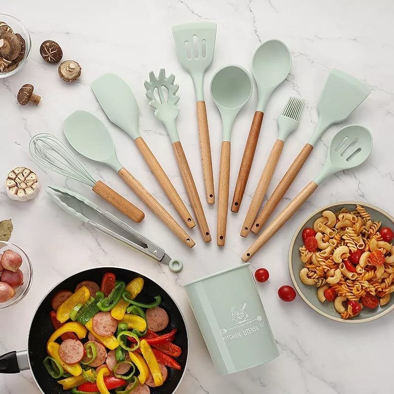 12 pcs set Wooden Handle Silicone Kitchen Utensils With Storage Bucket High Temperature Resistant And Non Stick Pot Spatula Spoon( random color ) - Buyora online12 pcs set Wooden Handle Silicone Kitchen Utensils With Storage Bucket High Temperature Resistant And Non Stick Pot Spatula Spoon( random color )Buyora onlineBuyora online12 pcs set Wooden Handle Silicone Kitchen Utensils With Storage Bucket High Temperature Resistant And Non Stick Pot Spatula Spoon( random color )