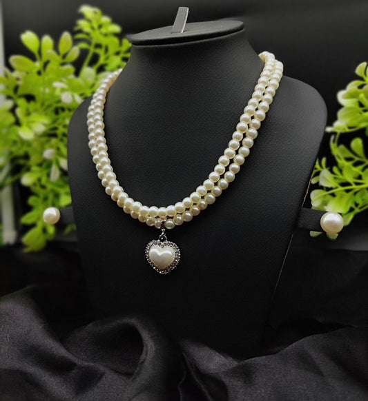 Imported Elegant Double-Strand Pearl Necklace | Heart Pendant for Girls & Women