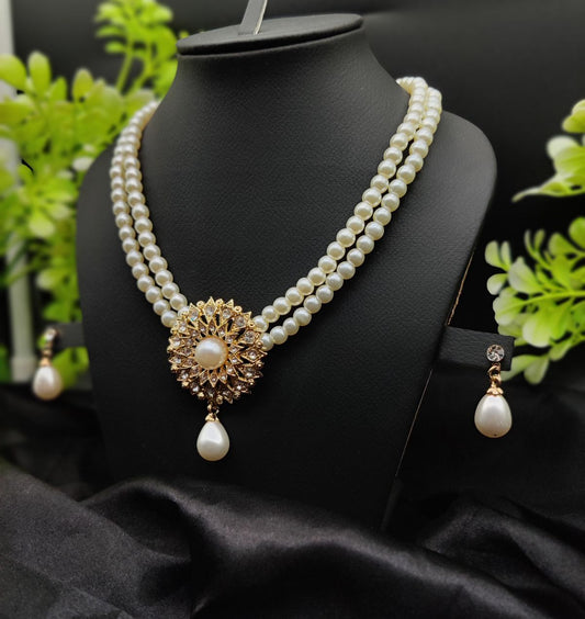 Imported Radiant Double-Layered Pearl Necklace | Golden Sunburst Pendant for Girls & Women