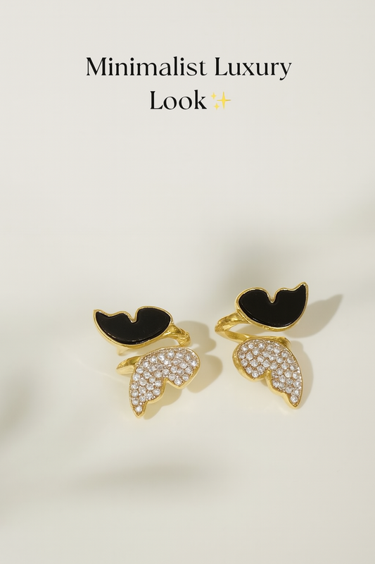 Zircon Butterfly Style Earrings for Women – Elegant Golden & Silver Studs with Black Enamel and Sparkling Stones (AWJ-997) - Golden
