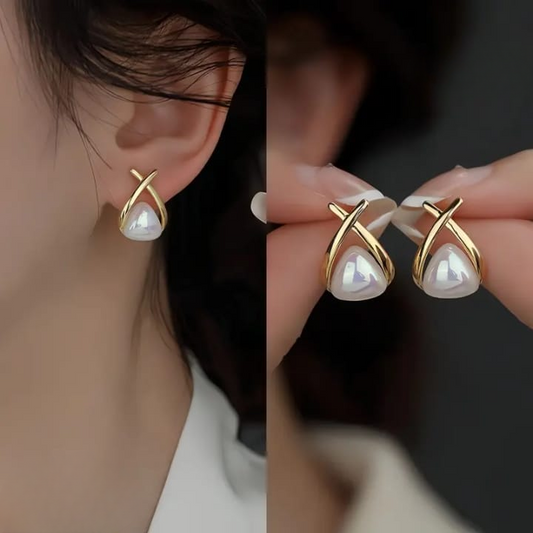 Trendy Korean Cross Pearl Earrings – Sculpted Design (AVT-114)