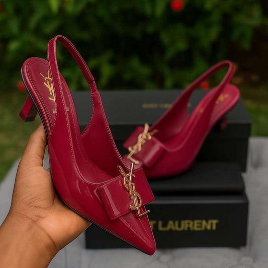 Burgundy Kitten Heels – Gold Bow Slingback | Size 10