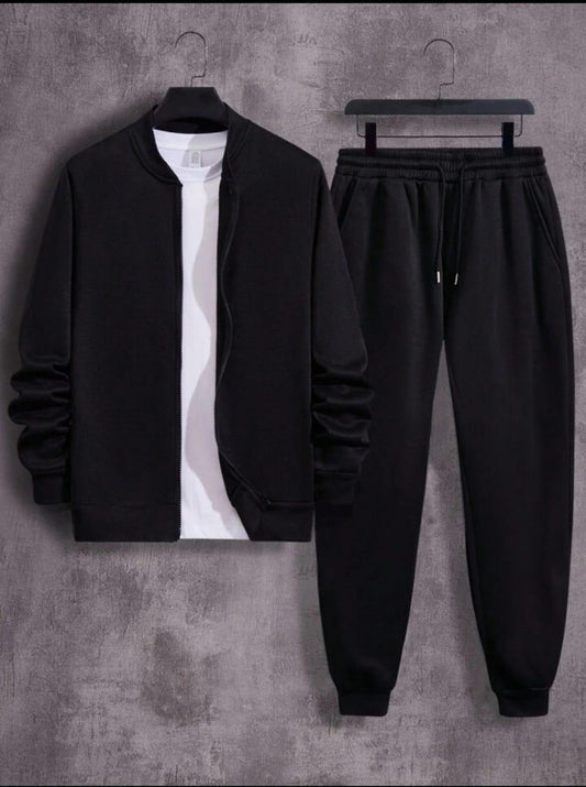 Men’s Fleece Plain Zipper Track Suit – 2 Pcs Premium Winter Set (Black)