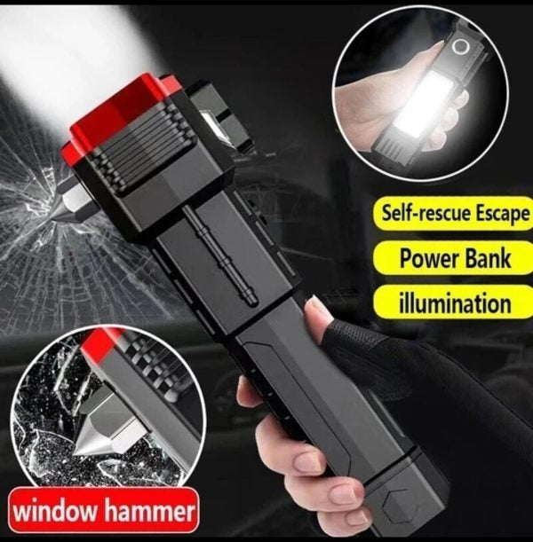 High Power LED Torch Light Rechargeable Flashlight – Multi Functional Emergency Tool With Power Bank, Window Hammer, And Bright Illumination
