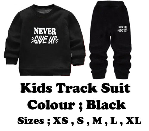 Kids “Never Give Up” Printed Black & Black Tracksuit Set | Winter Fleece Sweatshirt & Trouser Outfit for Boys & Girls – Warm & Motivational extra large