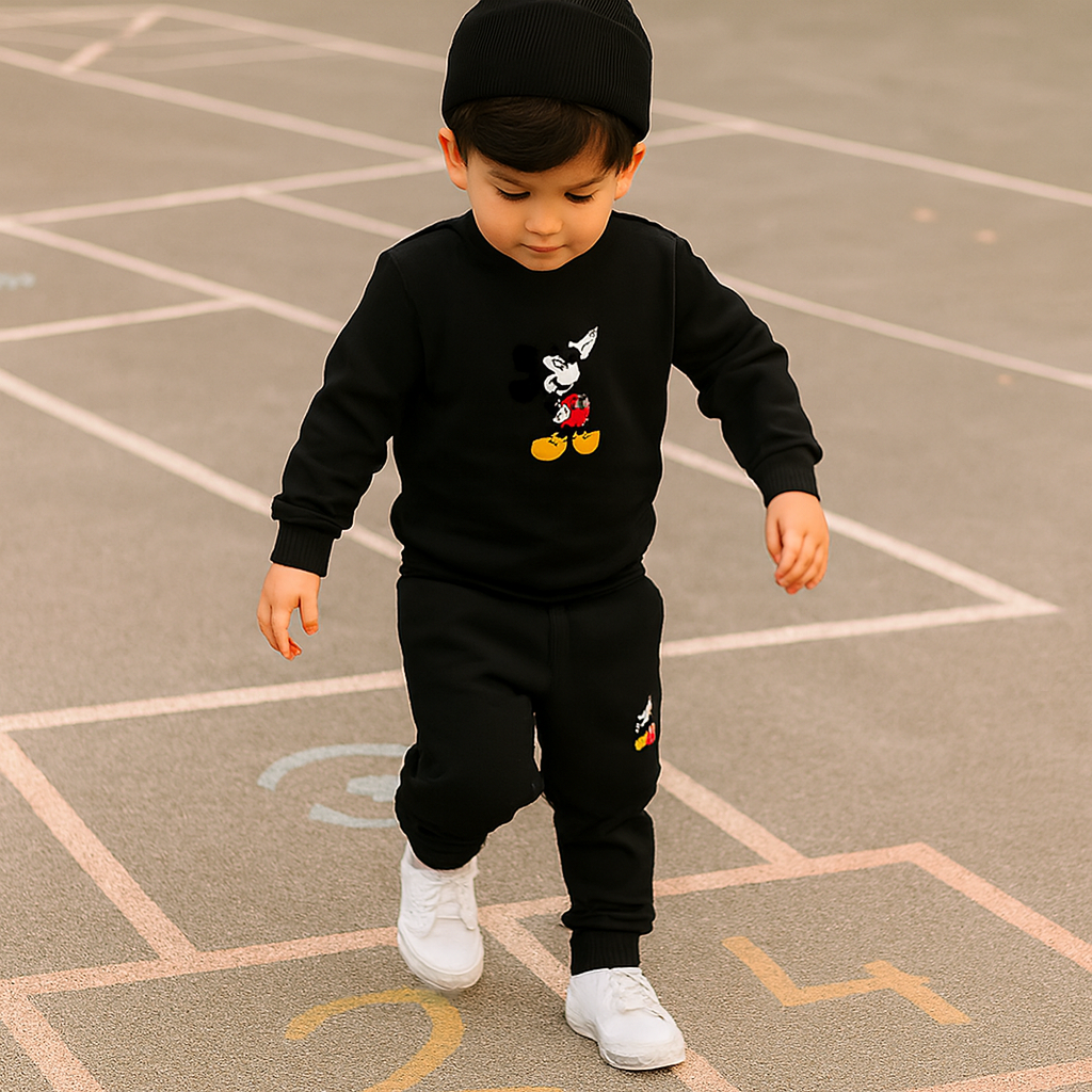 Black Mickey Mouse Printed Kids Tracksuit | Winter Fleece Sweatshirt & Trouser Set for Boys & Girls – Warm & Stylish Outfit extra large