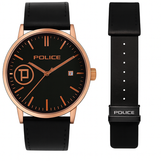 Police Watch – Elegant Design with Date Display | Leather Strap | Quartz Movement | Water Resistant - Black Strap with Black Dial