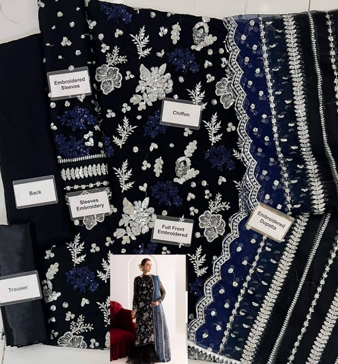 NUREH Luxury Chiffon Embroidered Sequence 3Pc Unstitched Suit – Adda Work & Organza Dupatta | Festive Collection 2025