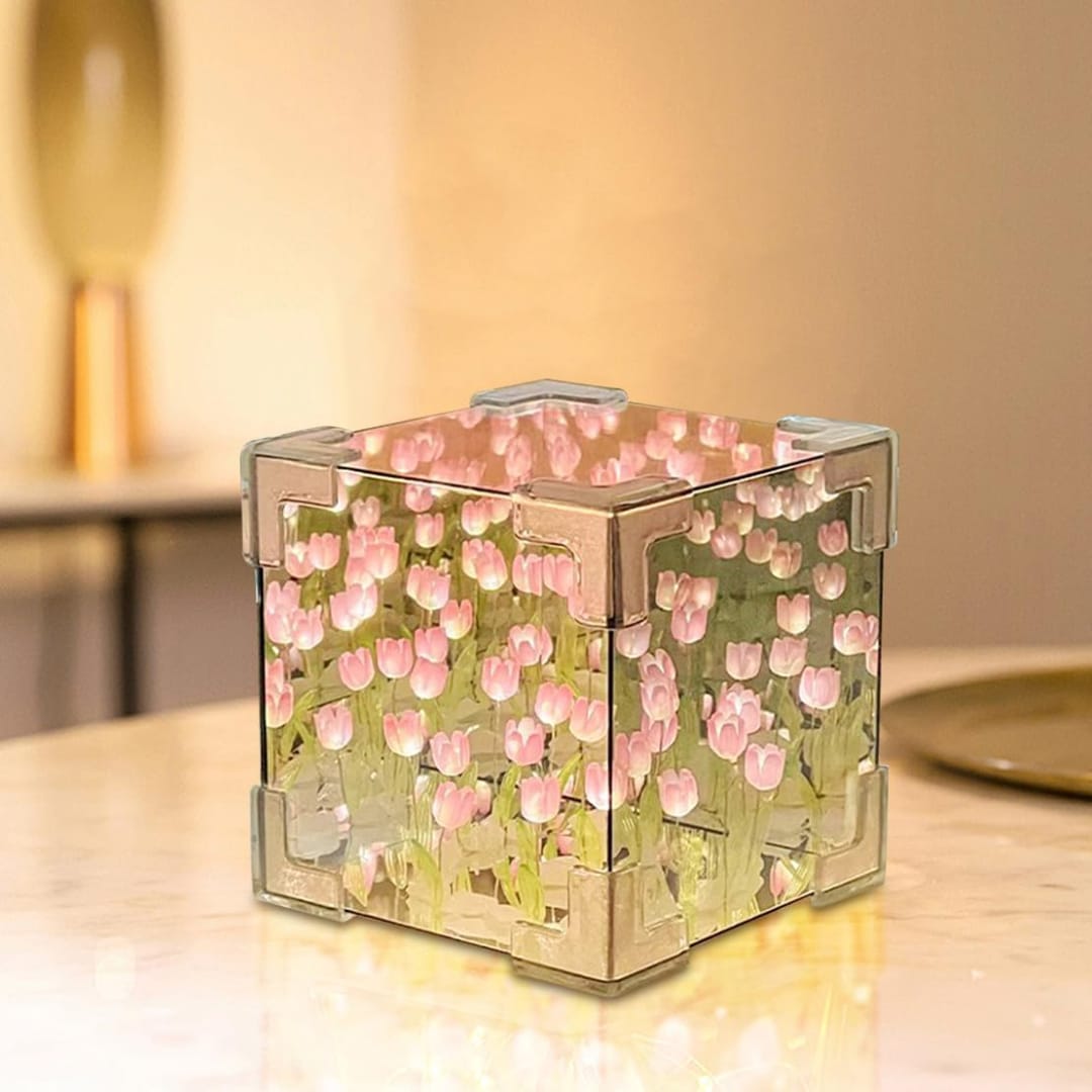 Artificial Tulips in Crystal Box – Handmade DIY Pink Tulip Cube Mirror Lamp, LED Night Light for Bedroom, Unique Flower Table Lamp – (Square)