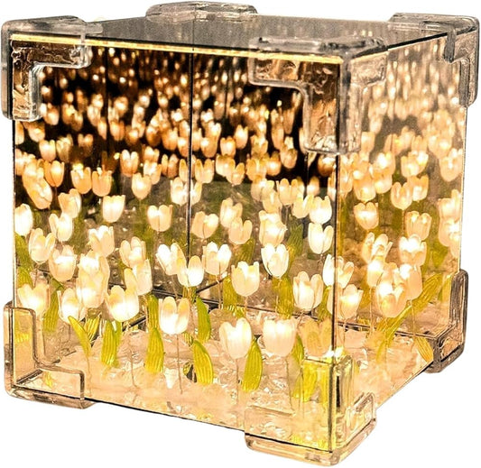 Artificial Tulips in Crystal Box – Handmade DIY Pink Tulip Cube Mirror Lamp, LED Night Light for Bedroom, Unique Flower Table Lamp – (Square)