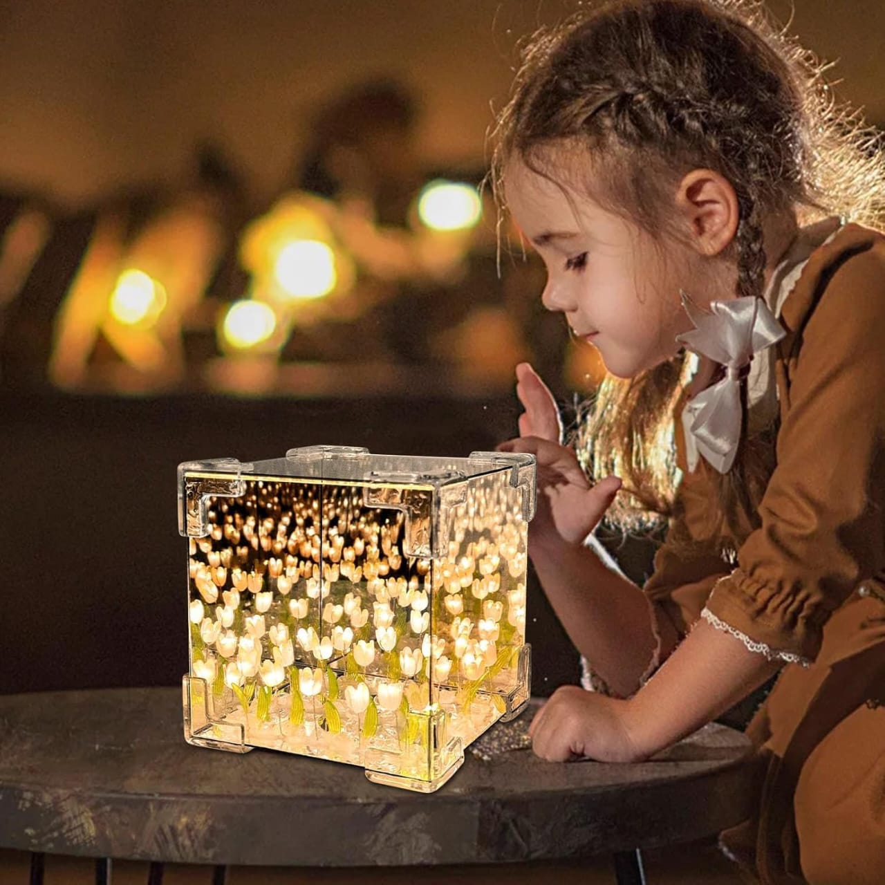 Artificial Tulips in Crystal Box – Handmade DIY Pink Tulip Cube Mirror Lamp, LED Night Light for Bedroom, Unique Flower Table Lamp – (Square)