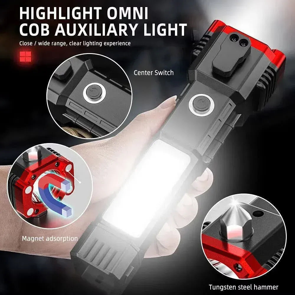 High Power LED Torch Light Rechargeable Flashlight – Multi Functional Emergency Tool With Power Bank, Window Hammer, And Bright Illumination