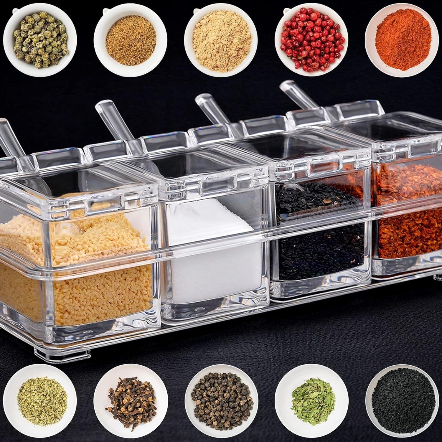 Crystal Seasoning Box With 4 Compartments And Spoons – Transparent Spice Storage Container Set For Kitchen Organization - Buyora onlineCrystal Seasoning Box With 4 Compartments And Spoons – Transparent Spice Storage Container Set For Kitchen OrganizationBuyora onlineBuyora onlineCrystal Seasoning Box With 4 Compartments And Spoons – Transparent Spice Storage Container Set For Kitchen Organization