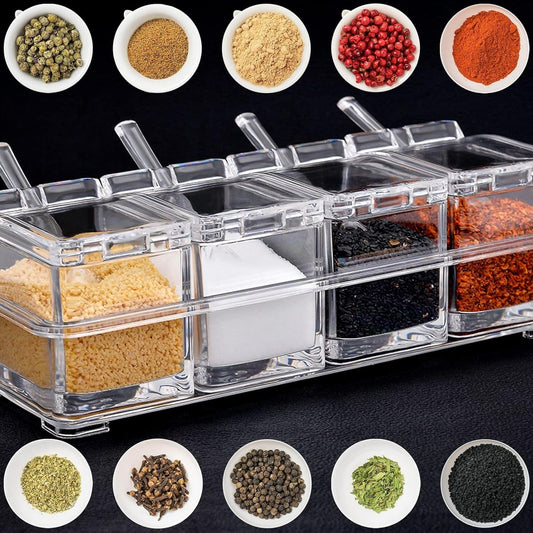 Crystal Seasoning Box With 4 Compartments And Spoons – Transparent Spice Storage Container Set For Kitchen Organization - Buyora onlineCrystal Seasoning Box With 4 Compartments And Spoons – Transparent Spice Storage Container Set For Kitchen OrganizationBuyora onlineBuyora onlineCrystal Seasoning Box With 4 Compartments And Spoons – Transparent Spice Storage Container Set For Kitchen Organization