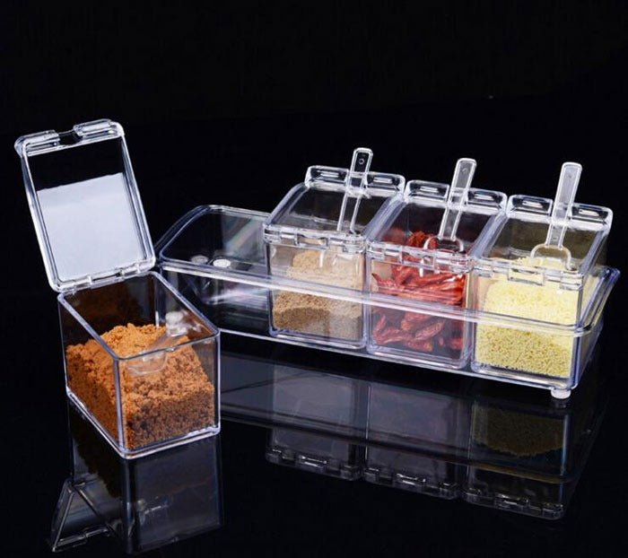 Crystal Seasoning Box With 4 Compartments And Spoons – Transparent Spice Storage Container Set For Kitchen Organization - Buyora onlineCrystal Seasoning Box With 4 Compartments And Spoons – Transparent Spice Storage Container Set For Kitchen OrganizationBuyora onlineBuyora onlineCrystal Seasoning Box With 4 Compartments And Spoons – Transparent Spice Storage Container Set For Kitchen Organization