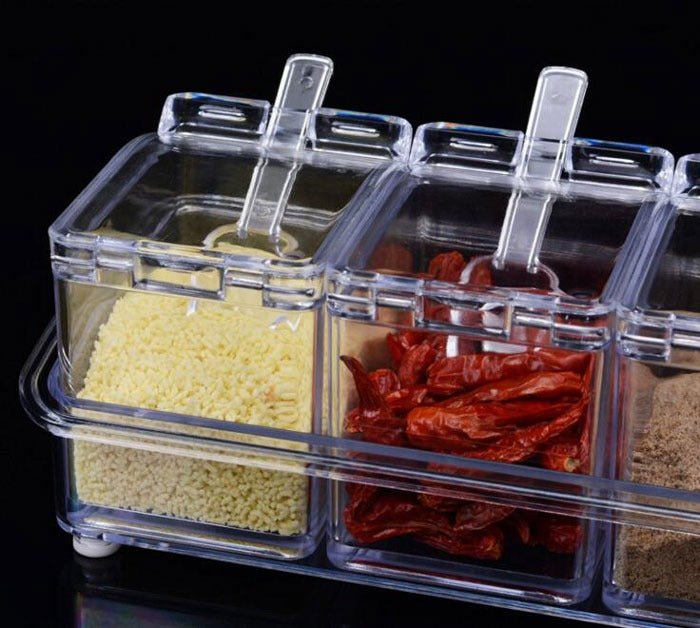 Crystal Seasoning Box With 4 Compartments And Spoons – Transparent Spice Storage Container Set For Kitchen Organization - Buyora onlineCrystal Seasoning Box With 4 Compartments And Spoons – Transparent Spice Storage Container Set For Kitchen OrganizationBuyora onlineBuyora onlineCrystal Seasoning Box With 4 Compartments And Spoons – Transparent Spice Storage Container Set For Kitchen Organization