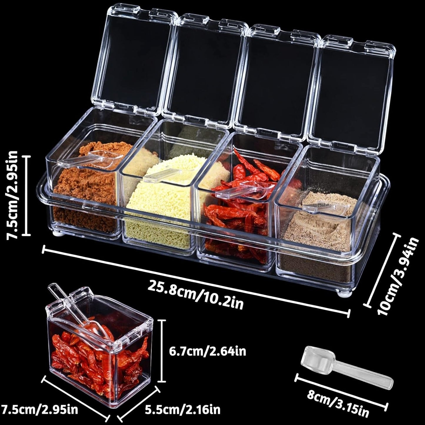 Crystal Seasoning Box With 4 Compartments And Spoons – Transparent Spice Storage Container Set For Kitchen Organization - Buyora onlineCrystal Seasoning Box With 4 Compartments And Spoons – Transparent Spice Storage Container Set For Kitchen OrganizationBuyora onlineBuyora onlineCrystal Seasoning Box With 4 Compartments And Spoons – Transparent Spice Storage Container Set For Kitchen Organization
