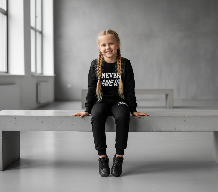 Kids “Never Give Up” Printed Black & Black Tracksuit Set | Winter Fleece Sweatshirt & Trouser Outfit for Boys & Girls – Warm & Motivational extra large